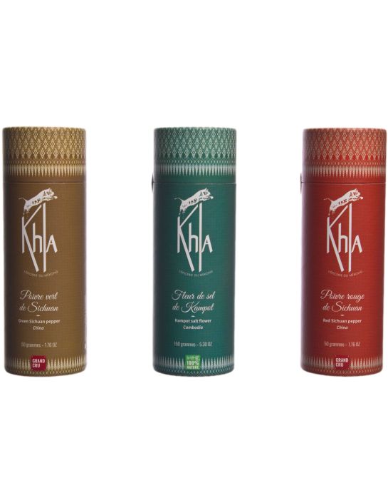 Coffret Trio du Mékong - (Baies de Sichuan verte et rouge & Fleur de sel de Kampot 150g) - Premium- KHLA