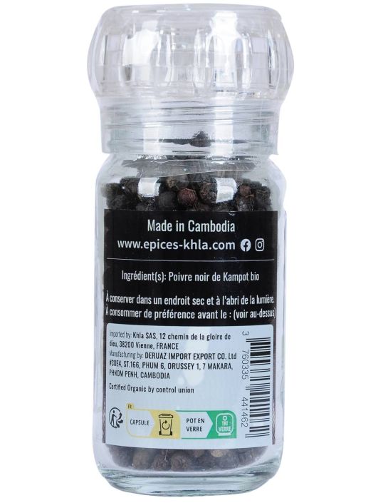 Poivre noir de Kampot - IGP - Biologique - Premium - en grains - 45g - Moulin- KHLA