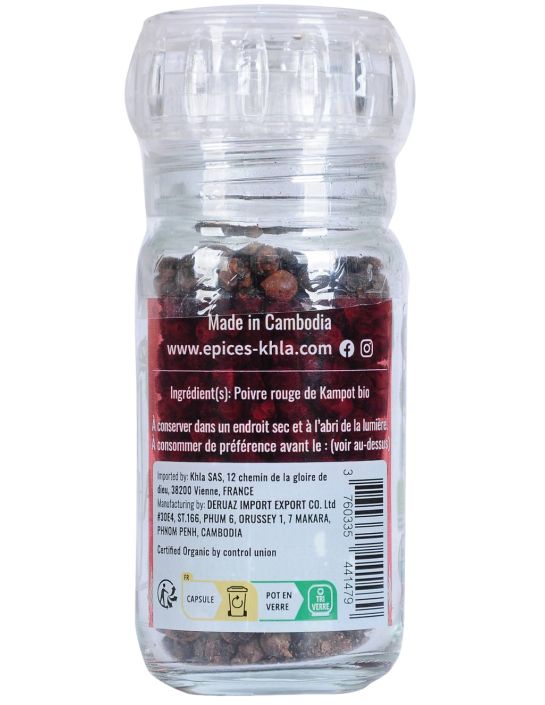 Poivre rouge de Kampot - IGP - Biologique - en grains - 45g - Moulin- KHLA