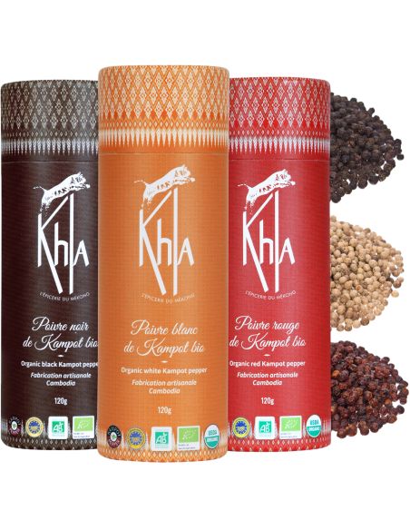 Coffret trois Poivres de Kampot - (Noir 120g - Rouge 120g - Blanc 120g) - Biologique - Premium - en grains- KHLA Coffret trois Poivres de Kampot - (Noir 120g - Rouge 120g - Blanc 120g) - Biologique - Premium - en grains- KHLA
