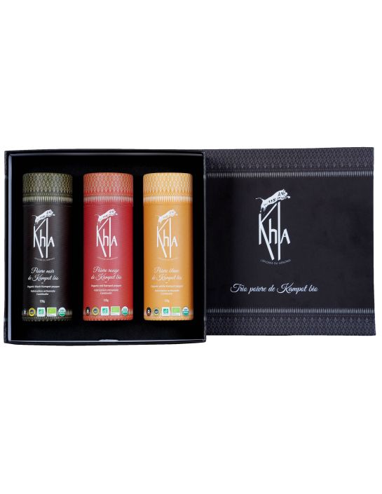 Coffret trois Poivres de Kampot - (Noir 120g - Rouge 120g - Blanc 120g) - Biologique - Premium - en grains- KHLA