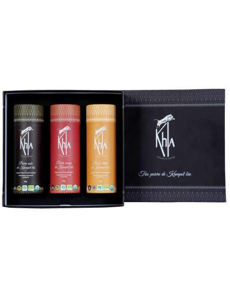 Coffret trois Poivres de Kampot - (Noir 120g - Rouge 120g - Blanc 120g) - Biologique - Premium - en grains- KHLA Coffret trois Poivres de Kampot - (Noir 120g - Rouge 120g - Blanc 120g) - Biologique - Premium - en grains- KHLA