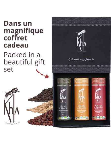 Coffret trois Poivres de Kampot - (Noir 120g - Rouge 120g - Blanc 120g) - Biologique - Premium - en grains- KHLA Coffret trois Poivres de Kampot - (Noir 120g - Rouge 120g - Blanc 120g) - Biologique - Premium - en grains- KHLA