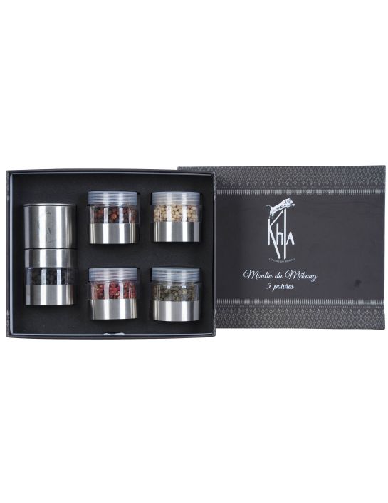 Moulin du Mékong (Poivres de Kampot noir 20g - rouge 20g - blanc 20g - Baies de Sichuan : rouges - 20g - vertes 20g)- KHLA