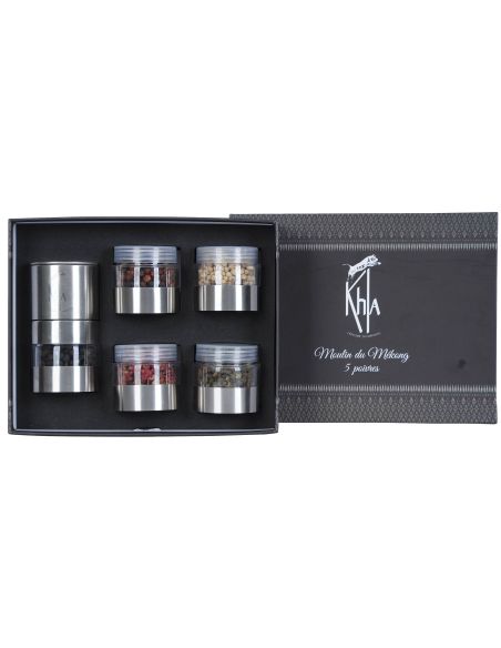 Moulin du Mékong (Poivres de Kampot noir 20g - rouge 20g - blanc 20g - Baies de Sichuan : rouges - 20g - vertes 20g)- KHLA