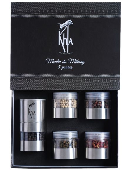 Moulin du Mékong (Poivres de Kampot noir 20g - rouge 20g - blanc 20g - Baies de Sichuan : rouges - 20g - vertes 20g)- KHLA
