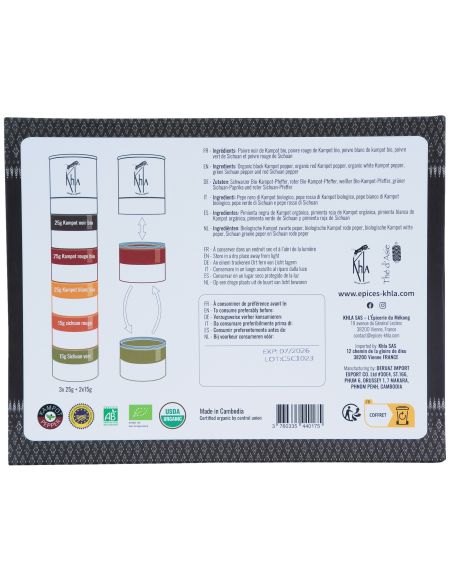 Moulin du Mékong (Poivres de Kampot noir 20g - rouge 20g - blanc 20g - Baies de Sichuan : rouges - 20g - vertes 20g)- KHLA