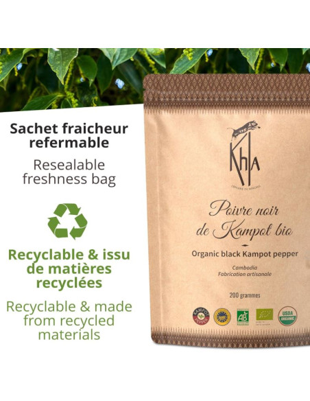 Poivre noir de Kampot - IGP - Biologique - Premium - en grains - 200g- KHLA