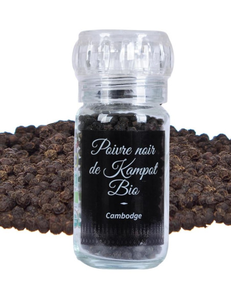 Poivre noir de Kampot - IGP - Biologique - Premium - en grains - 45g - Moulin- KHLA