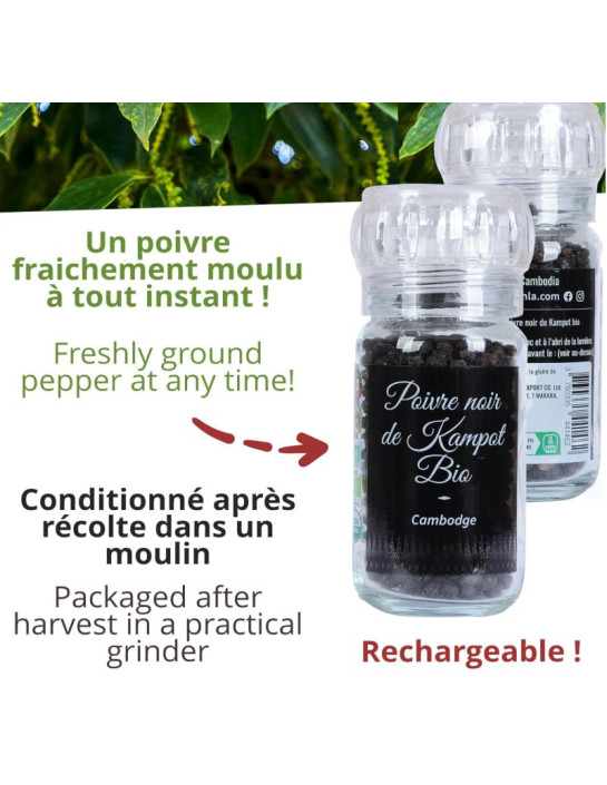 Poivre noir de Kampot - IGP - Biologique - Premium - en grains - 45g - Moulin- KHLA