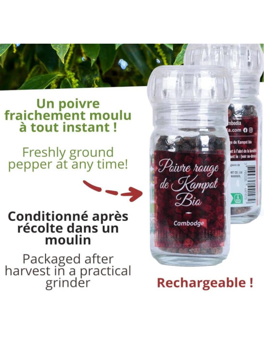 Poivre rouge de Kampot - IGP - Biologique - en grains - 45g - Moulin- KHLA