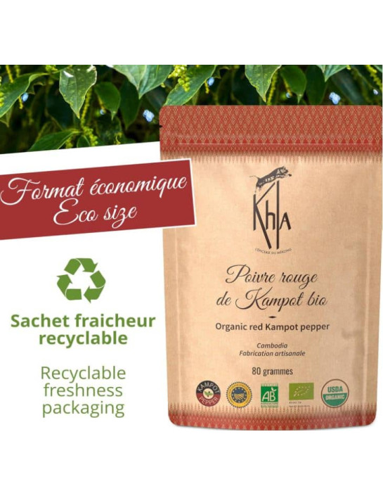 Poivre rouge de Kampot - IGP - Biologique - Premium - en grains - 80g- KHLA