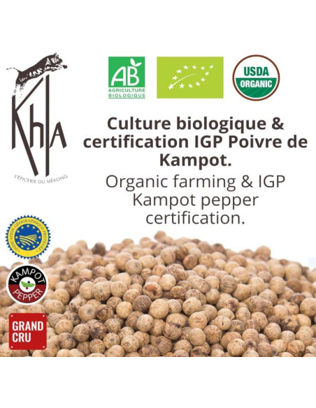 Poivre blanc de Kampot - IGP - Biologique - Premium - en grains - 45g - Moulin- KHLA