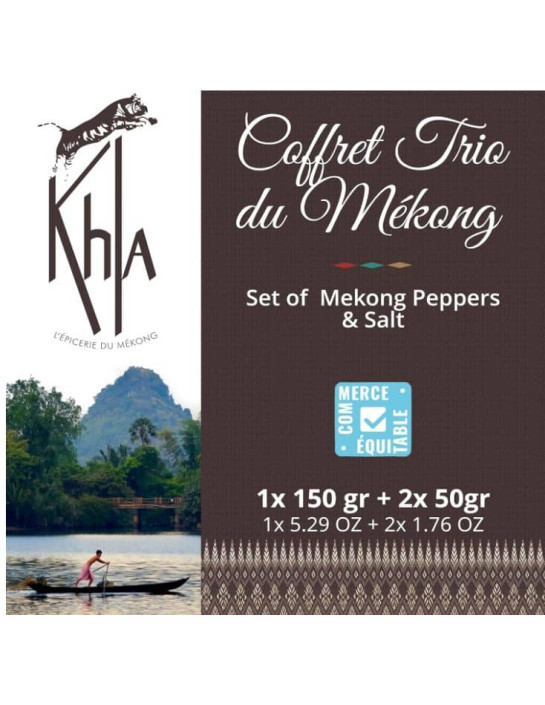 Coffret Trio du Mékong - (Baies de Sichuan verte et rouge & Fleur de sel de Kampot 150g) - Premium- KHLA