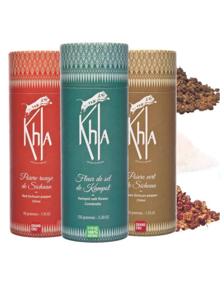 Coffret Trio du Mékong - (Baies de Sichuan verte et rouge & Fleur de sel de Kampot 150g) - Premium- KHLA