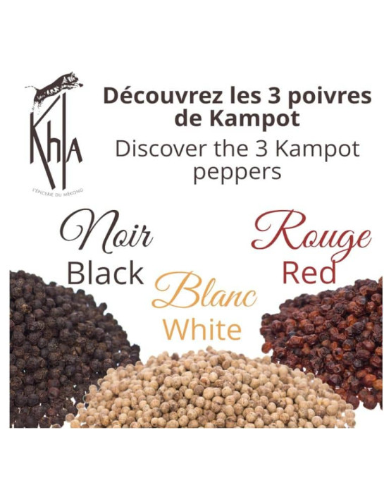 Trio palmes - (Poivre de Kampot biologique : noir 50g - rouge 50g - blanc 50g) - Premium - en grains- KHLA