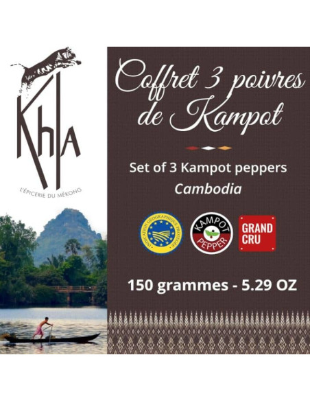Trio palmes - (Poivre de Kampot biologique : noir 50g - rouge 50g - blanc 50g) - Premium - en grains- KHLA