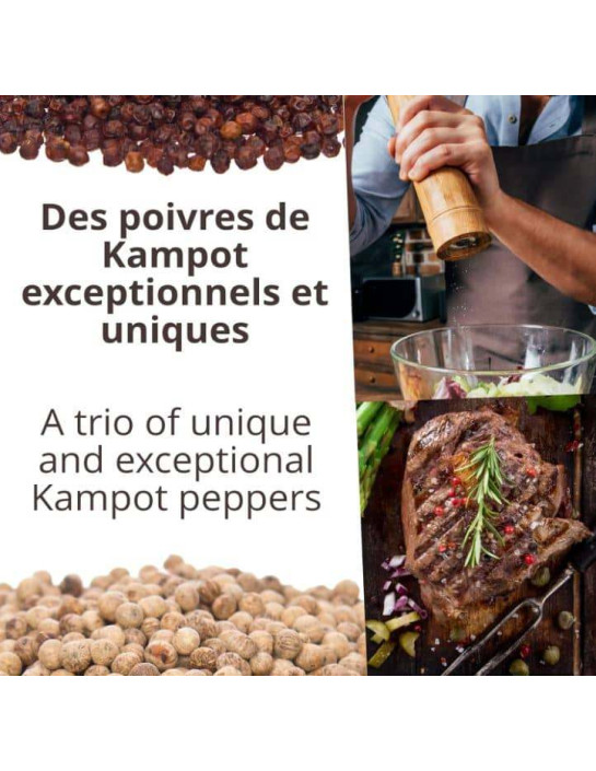 Trio palmes - (Poivre de Kampot biologique : noir 50g - rouge 50g - blanc 50g) - Premium - en grains- KHLA