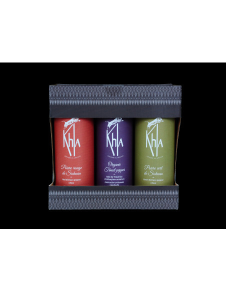 Coffret 3 baies rare (poivre vert de Sichuan 50g-poivre rouge de Sichuan 50g-fleur de sel de Kampot 150g - Premium-