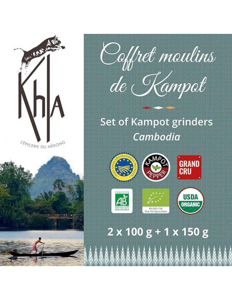 Moulin de Kampot (Moulin de poivre noir de Kampot Bio - Moulin de poivre blanc de Kampot Bio - Tube fleur de sel Kampot)