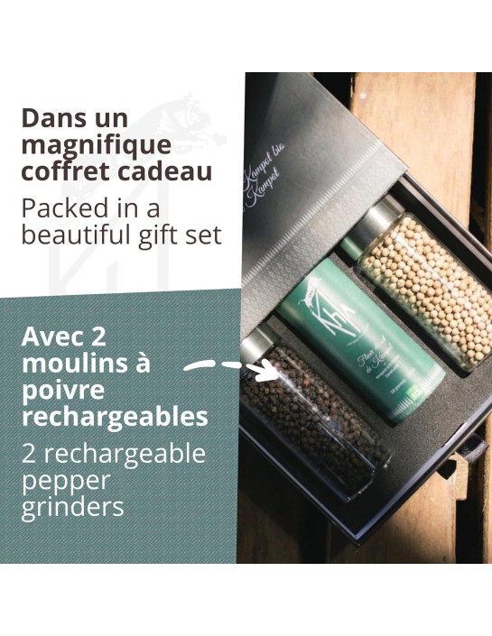 Coffret 2 moulins Poivre de Kampot et 1 tube fleur de sel